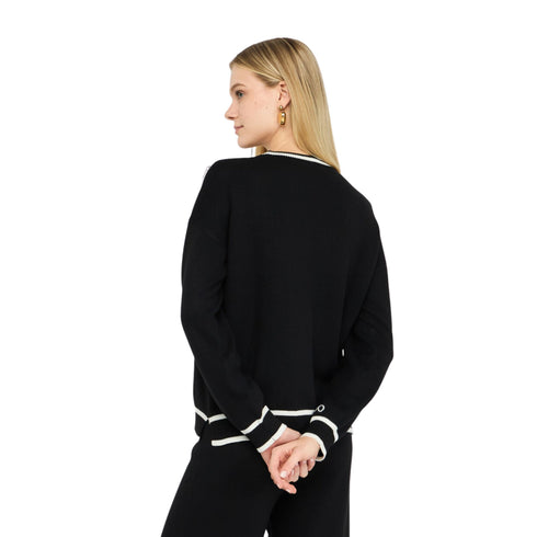 Maglia Donna con righe a contrasto, bottoni dorati e girocollo